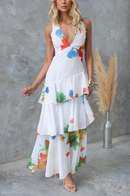 CD | REFRESHING FLORALE IMPRIMARE SPATE DANTELĂ-UP MULTI-TEIR RUFFLE TIV ROCHIE MAXI