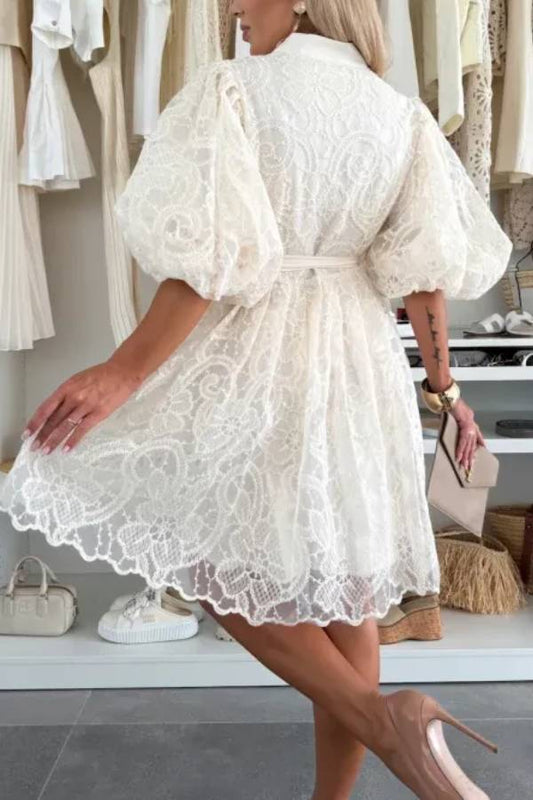 CD | Vara Romantic broderie dantelă Puff mâneci buton Tie Mini rochie