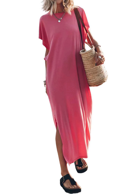CD | Roz rotund decolteu batwing mâneci split rochie maxi t-shirt