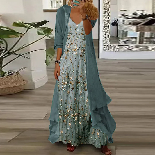 CD | Youthful Ditsy florale imprimare Maxi rochie cu jacheta Skinny două piese Outfits
