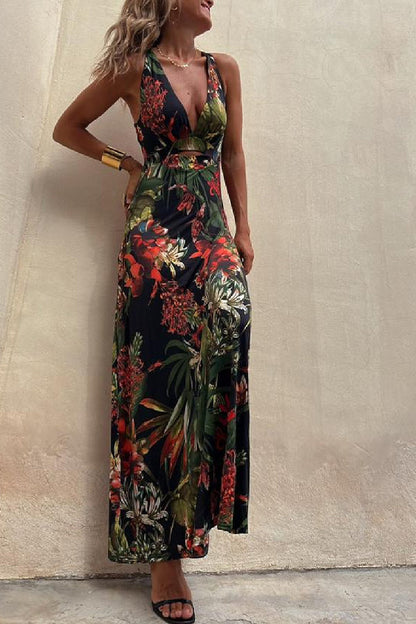 CD | RAINFOREST PARADISE TROPICAL PRINT DECOLTEU SPATE CROSSOVER STRETCH ROCHIE MAXI