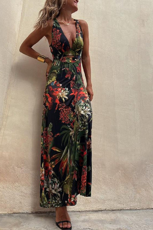 CD | RAINFOREST PARADISE TROPICAL PRINT DECOLTEU SPATE CROSSOVER STRETCH ROCHIE MAXI