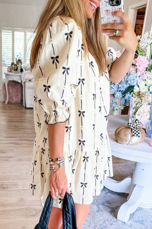 CD | Bej Cute Bowknot imprimat Bubble Sleeve V-Neck Mini Rochie