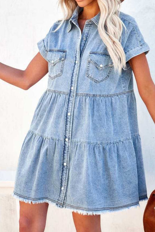 CD | Buton cu tiv crud în jos rochie mini din denim