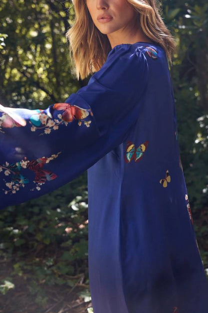 CD | Butterfly Print Navy Blue Rochie lungă cu mânecă lungă
