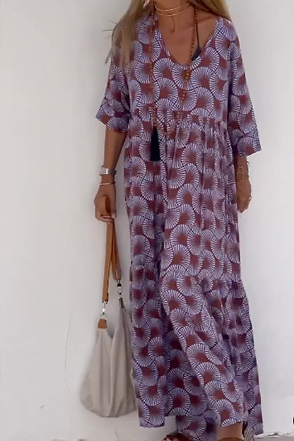CD | Ibiza Fashion Print Loose V-Neck Long Sleeve Rochie lungă