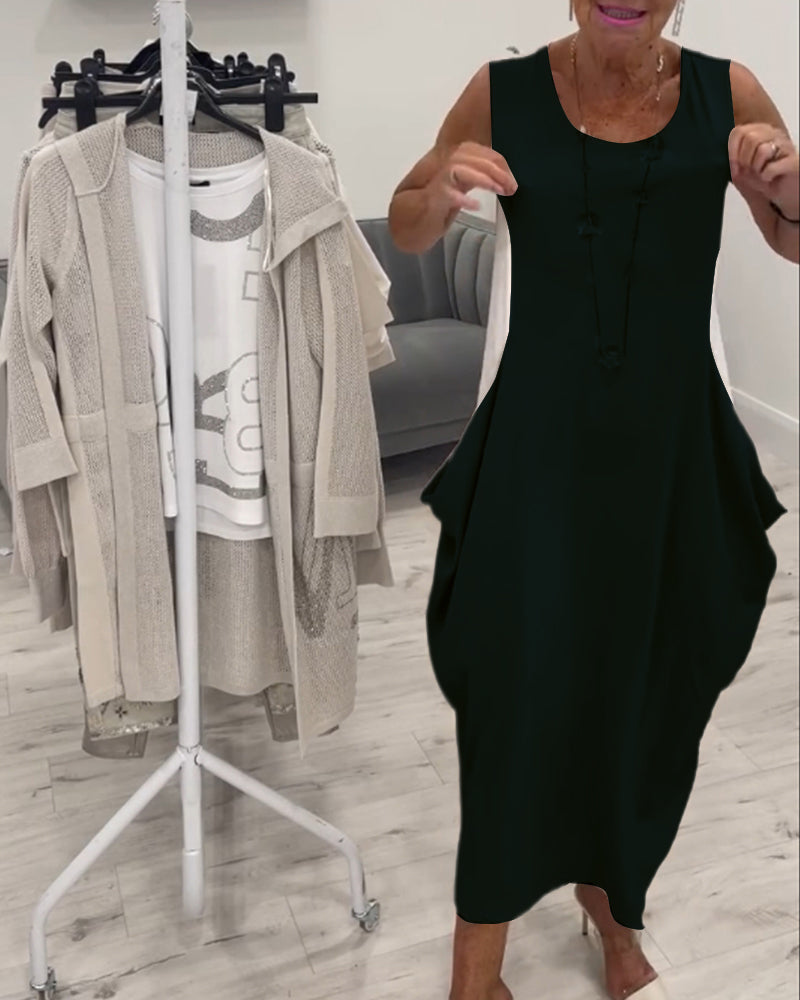 CD - Rochie trendy fără mâneci cu buzunare aplicate