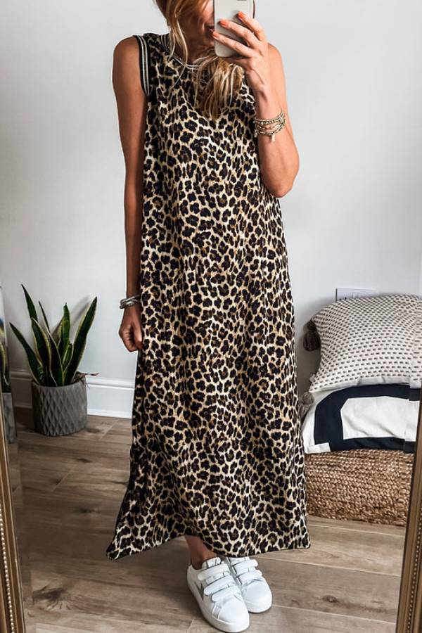 CD | Rochie midi fără mâneci cu imprimeu leopard cu dungi contrastante negre