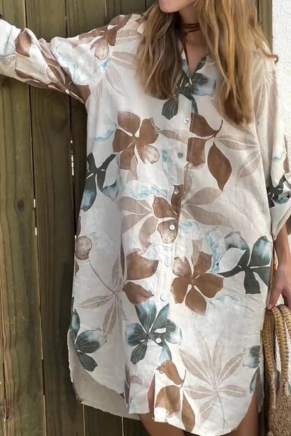 CD | Botanical Print Rochie midi lejeră cu mâneci lungi, cu o singură pieptănătură și buzunare