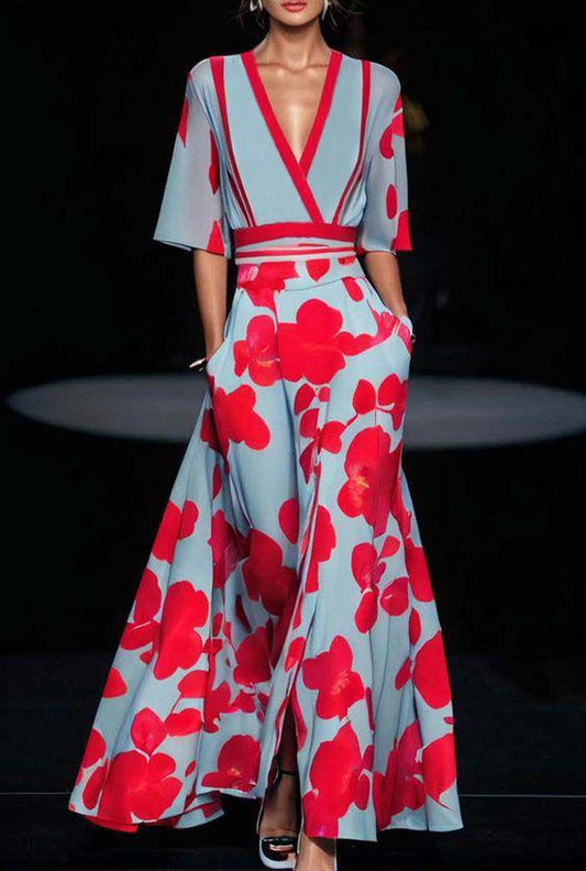 CD | Rochie maxi albastră cu model floral și decolteu în V pentru femei