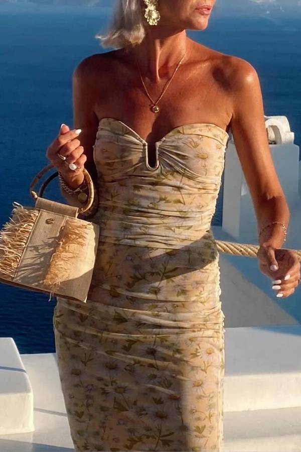 CD | Santorini Sunset Rochie maxi fără bretele din sifon cu imprimeu floral delicat