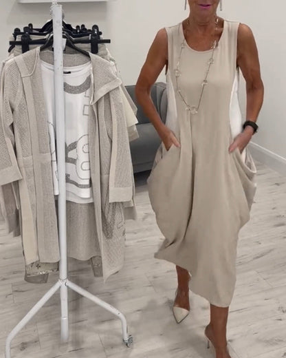 CD - Rochie trendy fără mâneci cu buzunare aplicate