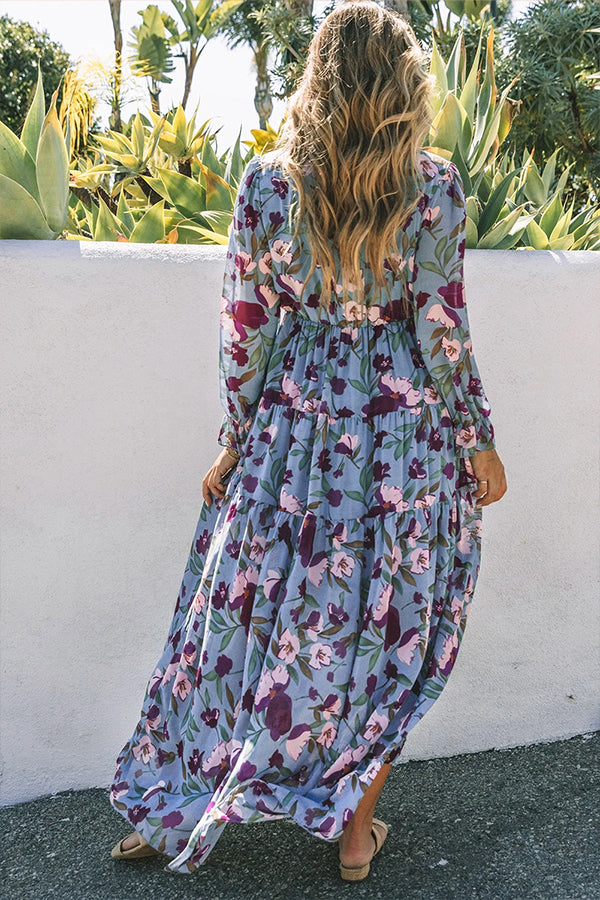 CD | Rochie maxi albastru deschis cu imprimeu floral și bordură cu volane