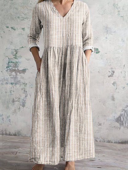 CD | Rochie maxi pentru femei - Fibre naturale - Ținută relaxată - Decolteu în V - Mâneci lungi - Cu dungi