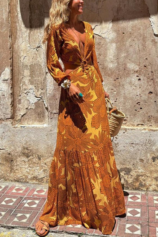 CD | Sunflower imprimare inel decolteu talie mâneci lungi rochie maxi