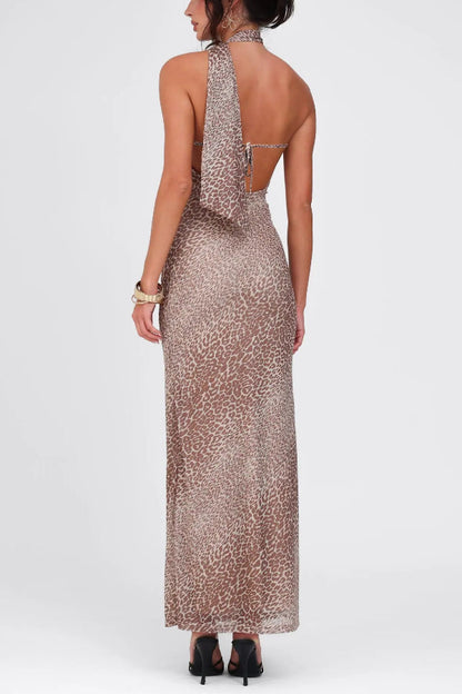CD | Rochie maxi cu bretele pe spate, cu imprimare de leopard