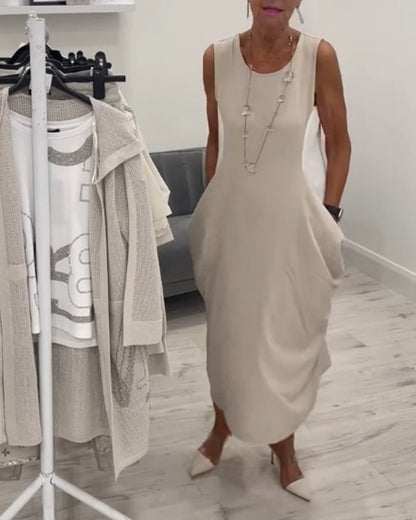 CD - Rochie trendy fără mâneci cu buzunare aplicate