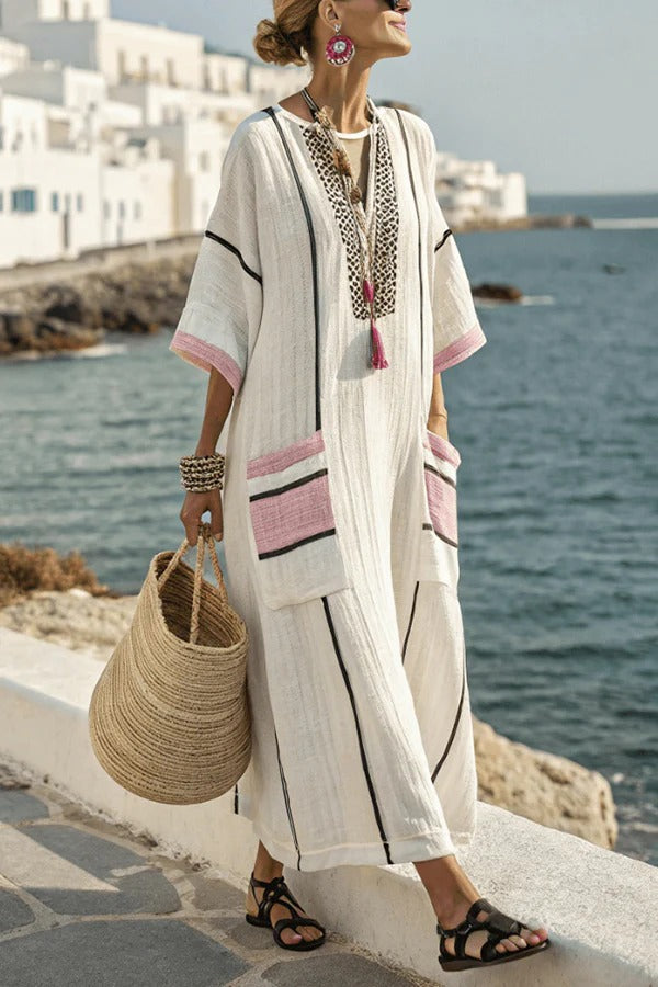 CD | Striped print V-neck Casual rochie maxi cu buzunar