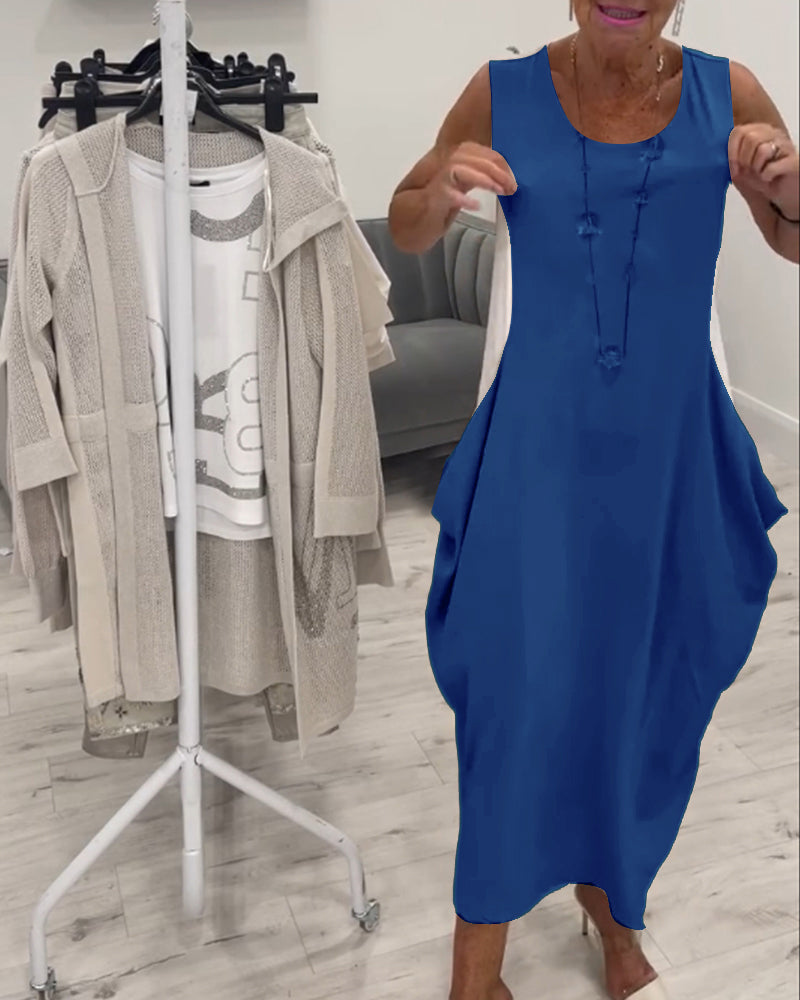 CD - Rochie trendy fără mâneci cu buzunare aplicate