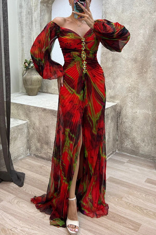 CD | Sunset Serenade Rochie maxi imprimată cu diamante fără umeri, cu pliuri și crăpătură