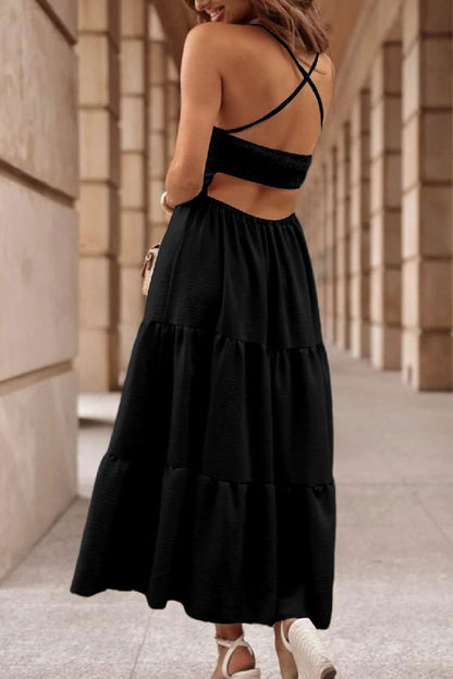 CD | Rochie croită de culoare ovăz cu corset fără spate și rochie maxi cu cravată