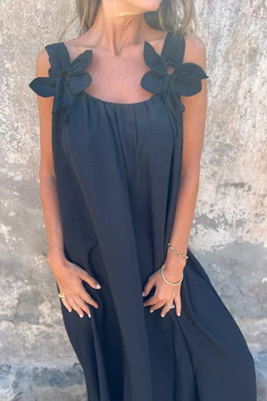 CD | Rochie Maxi solidă cu ornamente florale, fără mâneci, lejeră