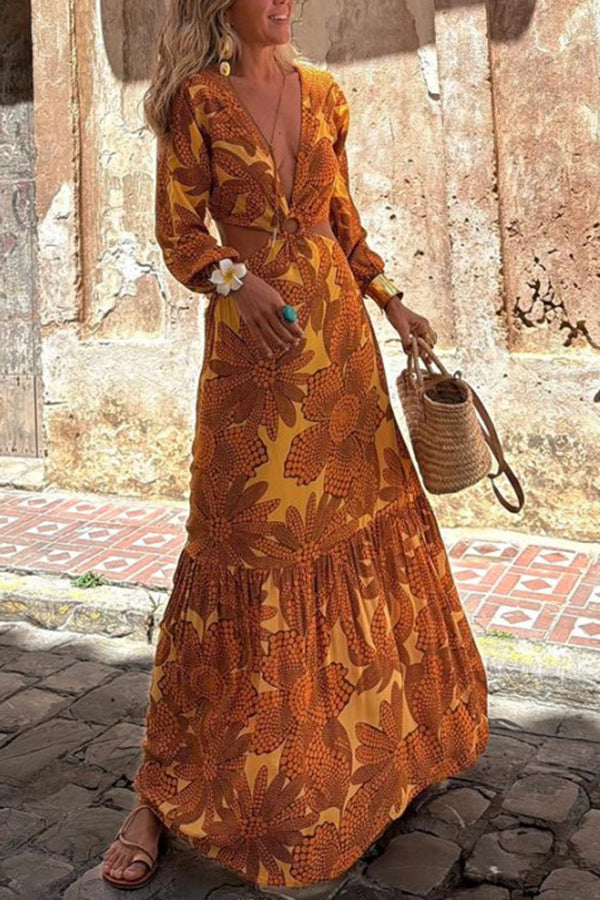 CD | Sunflower imprimare inel decolteu talie mâneci lungi rochie maxi