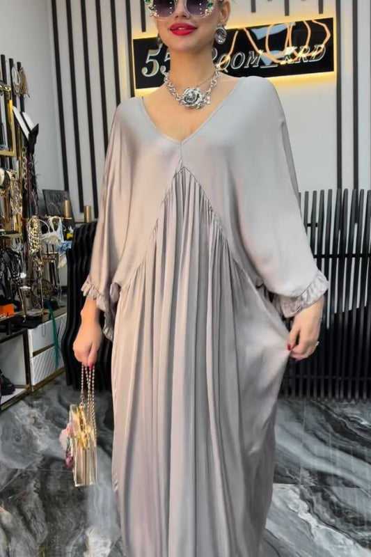 CD | satin culoare solidă v-neck frunze de lotus mâneci vrac plisat rochie maxi