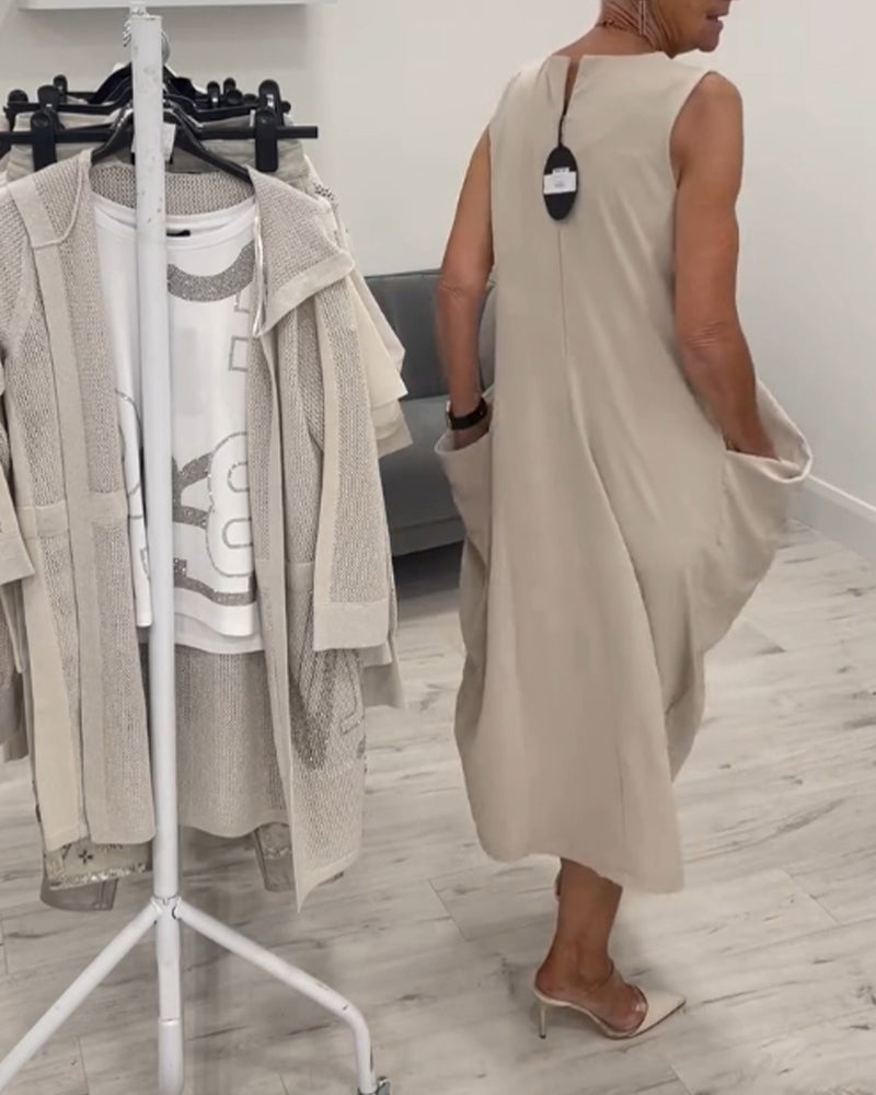 CD - Rochie trendy fără mâneci cu buzunare aplicate