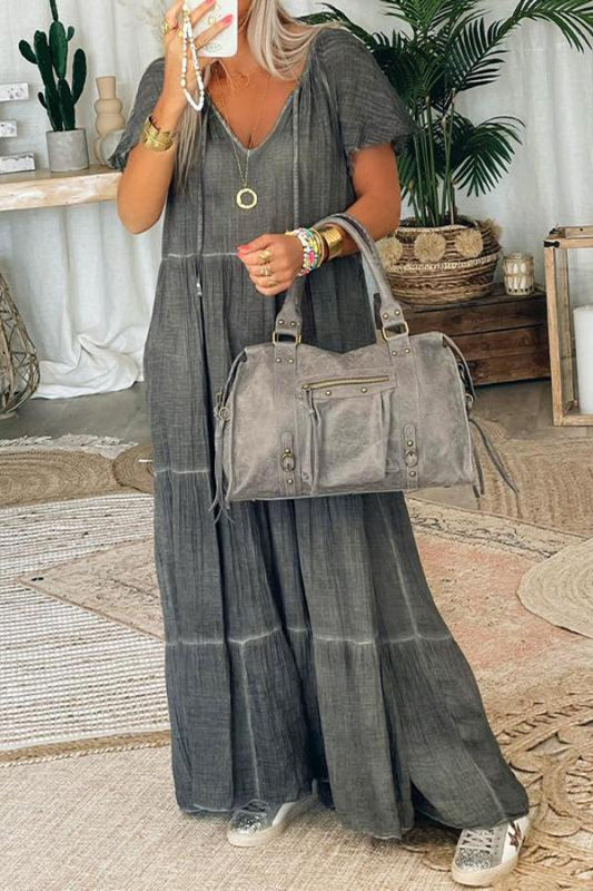 CD | Bumbac și in Patchwork rochie maxi casual