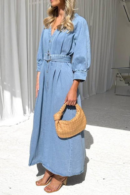 CD | Talie Rochie maxi casual din denim cu butonieră