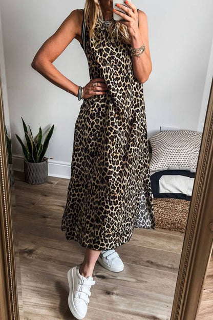 CD | Rochie midi fără mâneci cu imprimeu leopard cu dungi contrastante negre