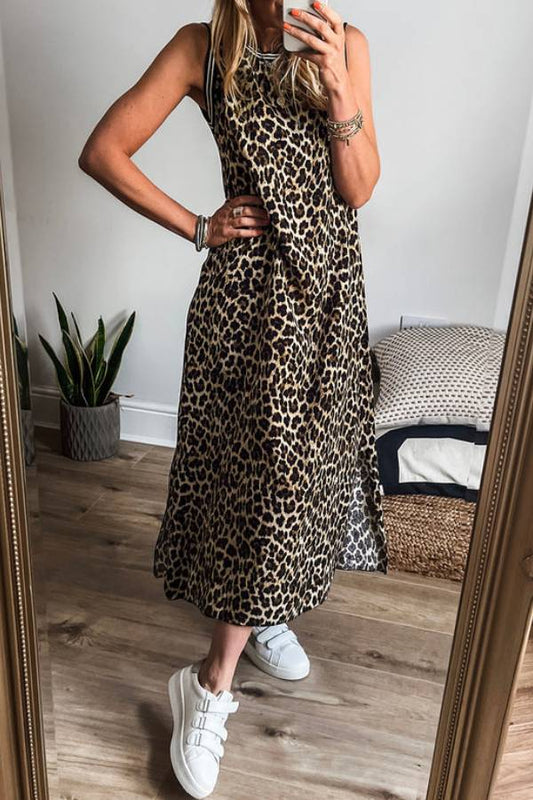CD | Rochie midi fără mâneci cu imprimeu leopard cu dungi contrastante negre