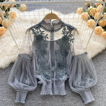 CD | Perspectivă Mesh Gauze Lantern Sleeve Slim scurt Top Femei Lace Leggings Undershirt