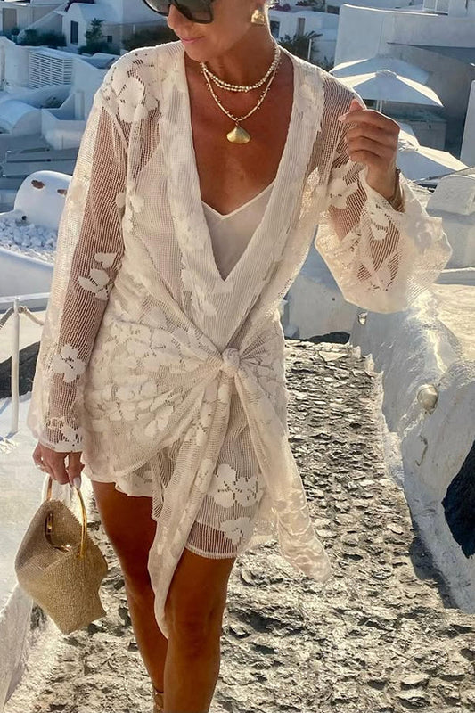 CD | Beach Elegance florale dantelă maneca lunga Wrap Tie-up Vacanta Mini rochie