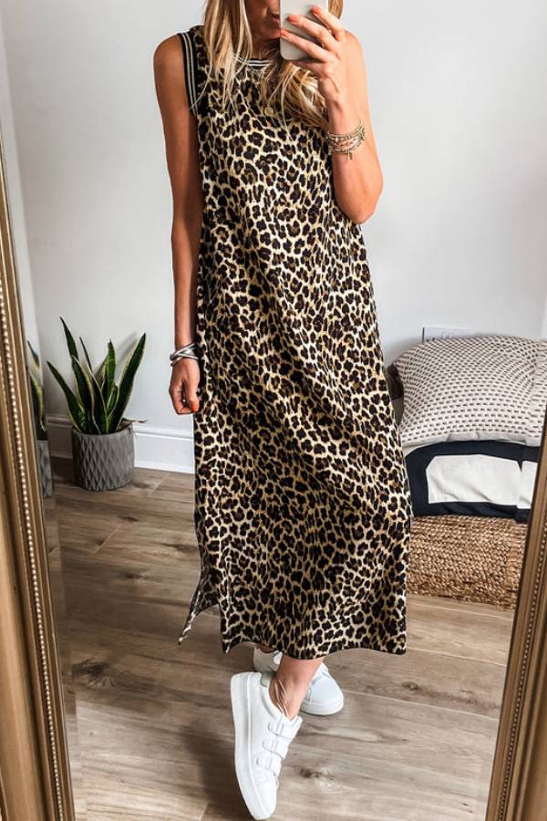 CD | Rochie midi fără mâneci cu imprimeu leopard cu dungi contrastante negre