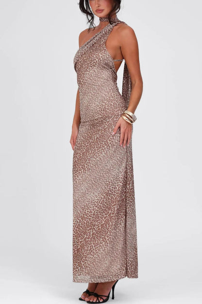 CD | Rochie maxi cu bretele pe spate, cu imprimare de leopard