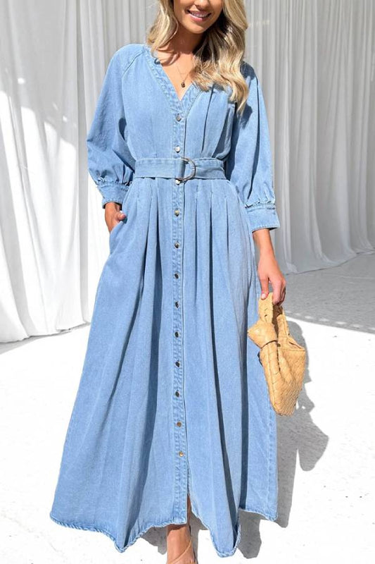 CD | Talie Rochie maxi casual din denim cu butonieră