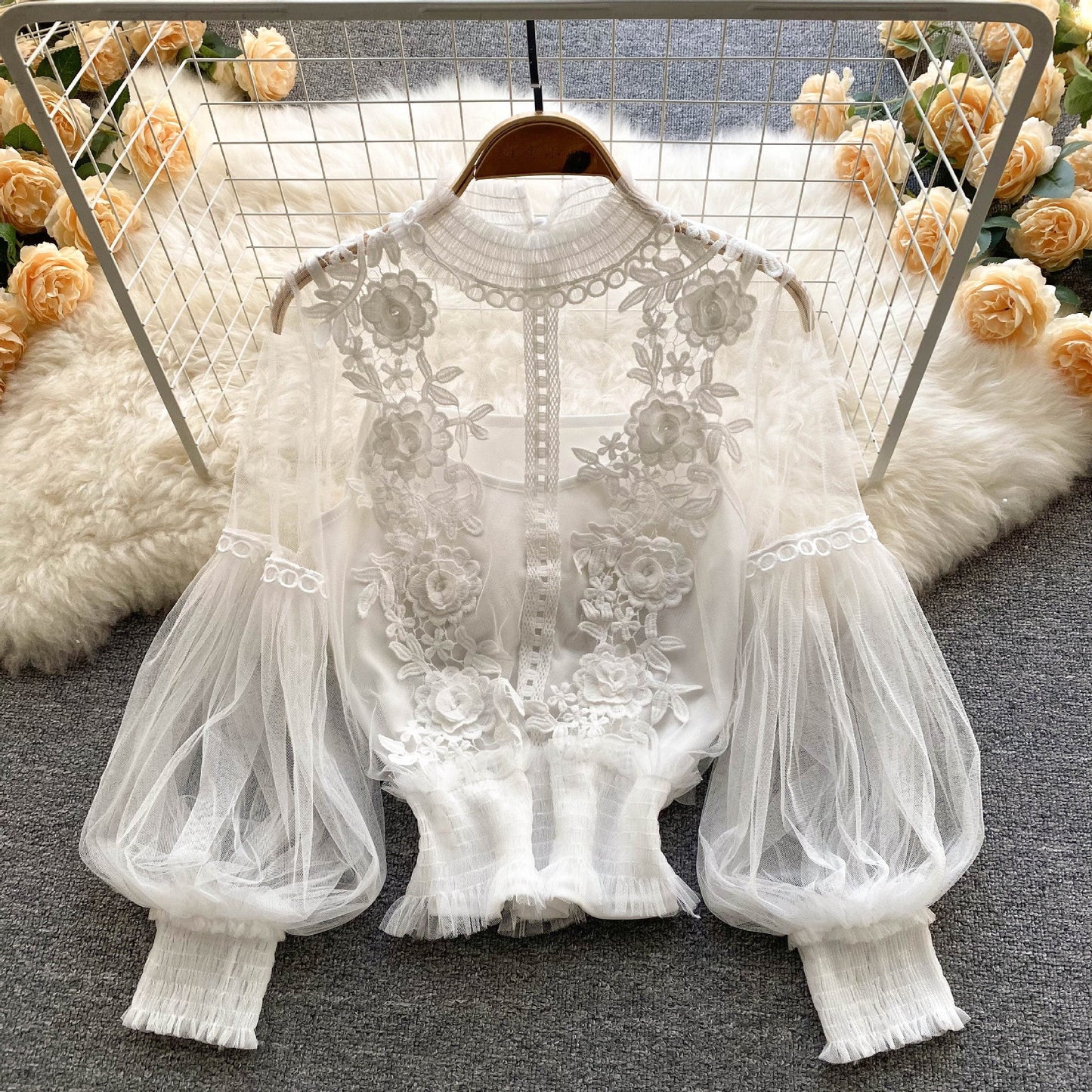 CD | Perspectivă Mesh Gauze Lantern Sleeve Slim scurt Top Femei Lace Leggings Undershirt