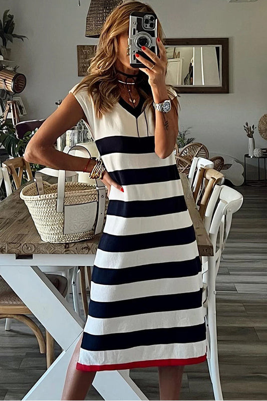 CD | Stripes Rochie midi elegantă cu decolteu în V și mâneci lungi
