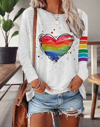 CD | Tricou cu mânecă lungă cu imprimare de inimă curcubeu