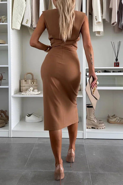 CD | Culoare solidă Decolteu rotund Fără mâneci Rochie midi slim-fit cu crăpătură