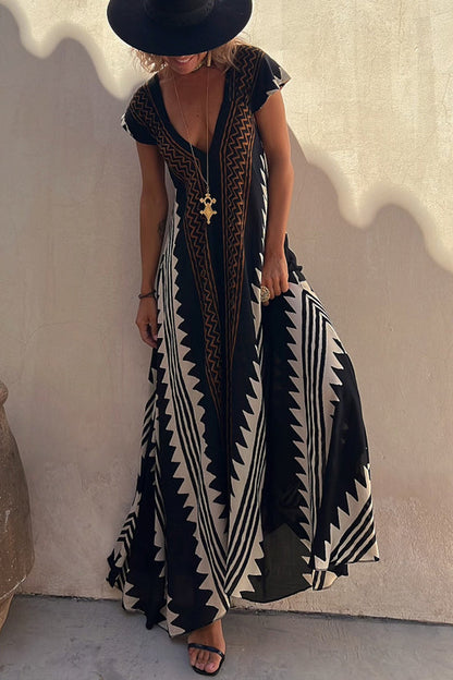 CD | Beach date Ethno print rochie maxi în A-line