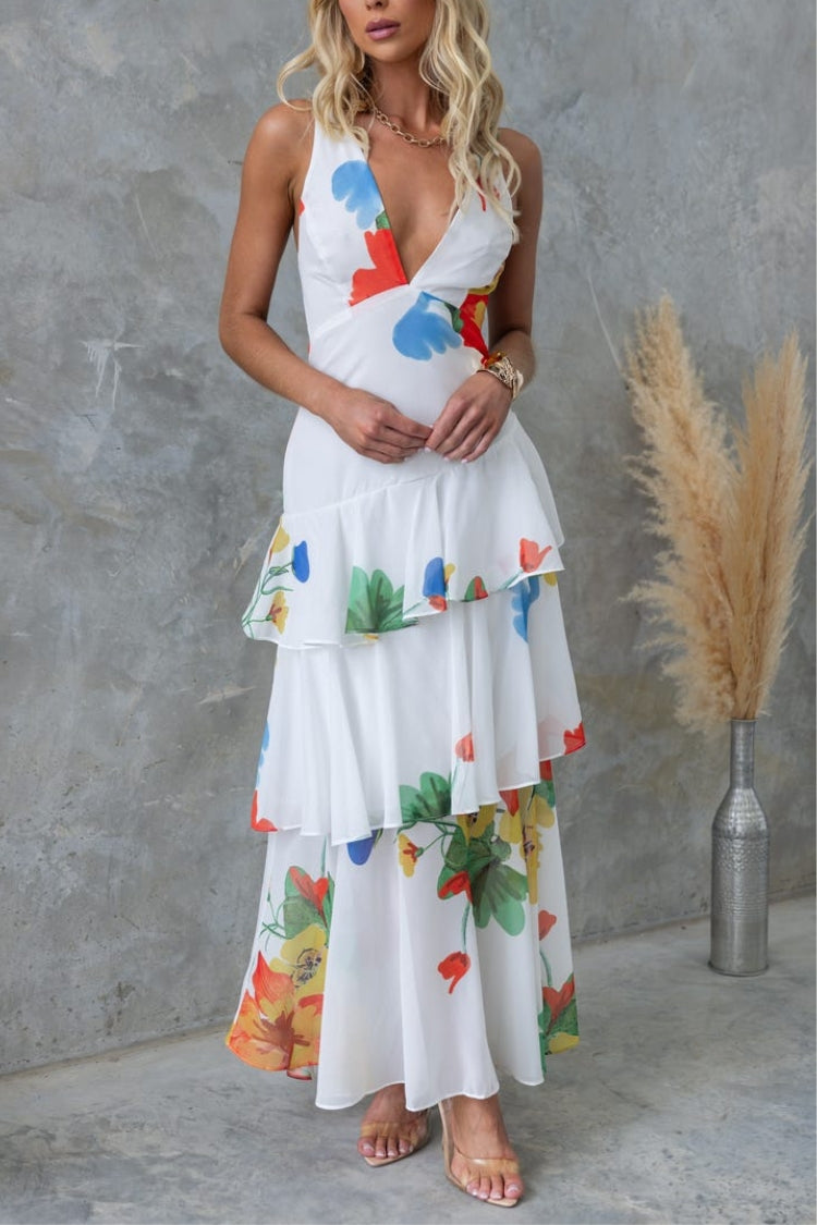 CD | REFRESHING FLORALE IMPRIMARE SPATE DANTELĂ-UP MULTI-TEIR RUFFLE TIV ROCHIE MAXI