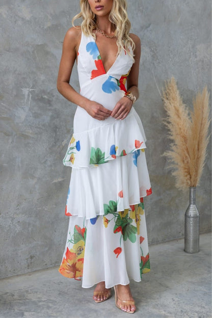 CD | REFRESHING FLORALE IMPRIMARE SPATE DANTELĂ-UP MULTI-TEIR RUFFLE TIV ROCHIE MAXI
