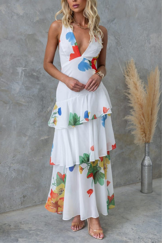CD | REFRESHING FLORALE IMPRIMARE SPATE DANTELĂ-UP MULTI-TEIR RUFFLE TIV ROCHIE MAXI