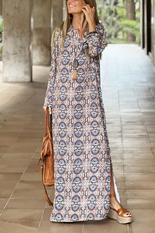 CD | Fantă imprimate vrac V-Neck rochie lungă