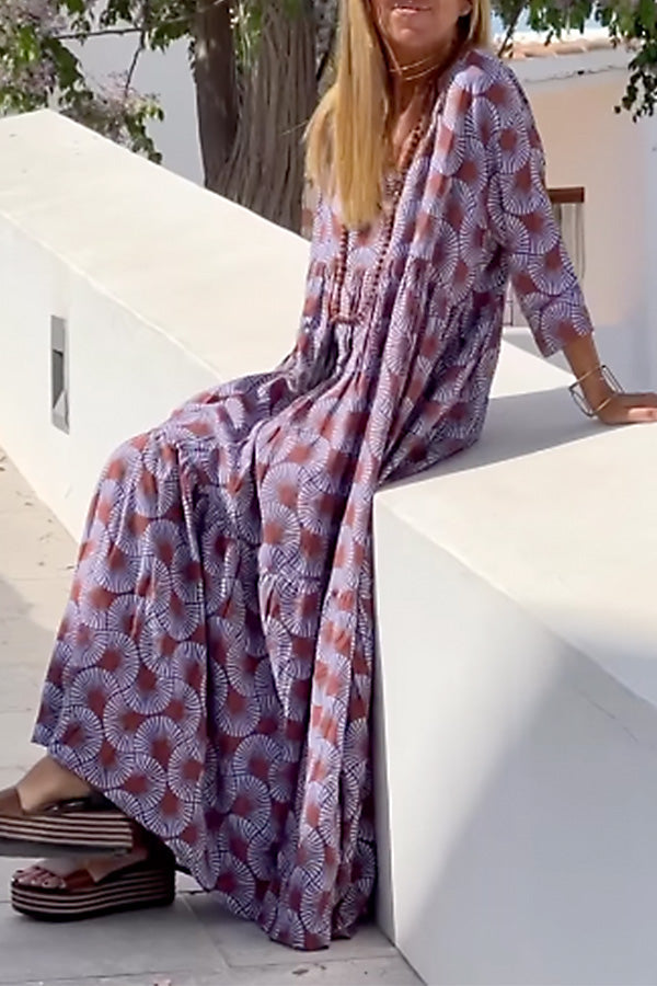 CD | Ibiza Fashion Print Loose V-Neck Long Sleeve Rochie lungă