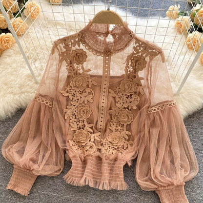 CD | Perspectivă Mesh Gauze Lantern Sleeve Slim scurt Top Femei Lace Leggings Undershirt