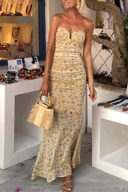 CD | Santorini Sunset Rochie maxi fără bretele din sifon cu imprimeu floral delicat